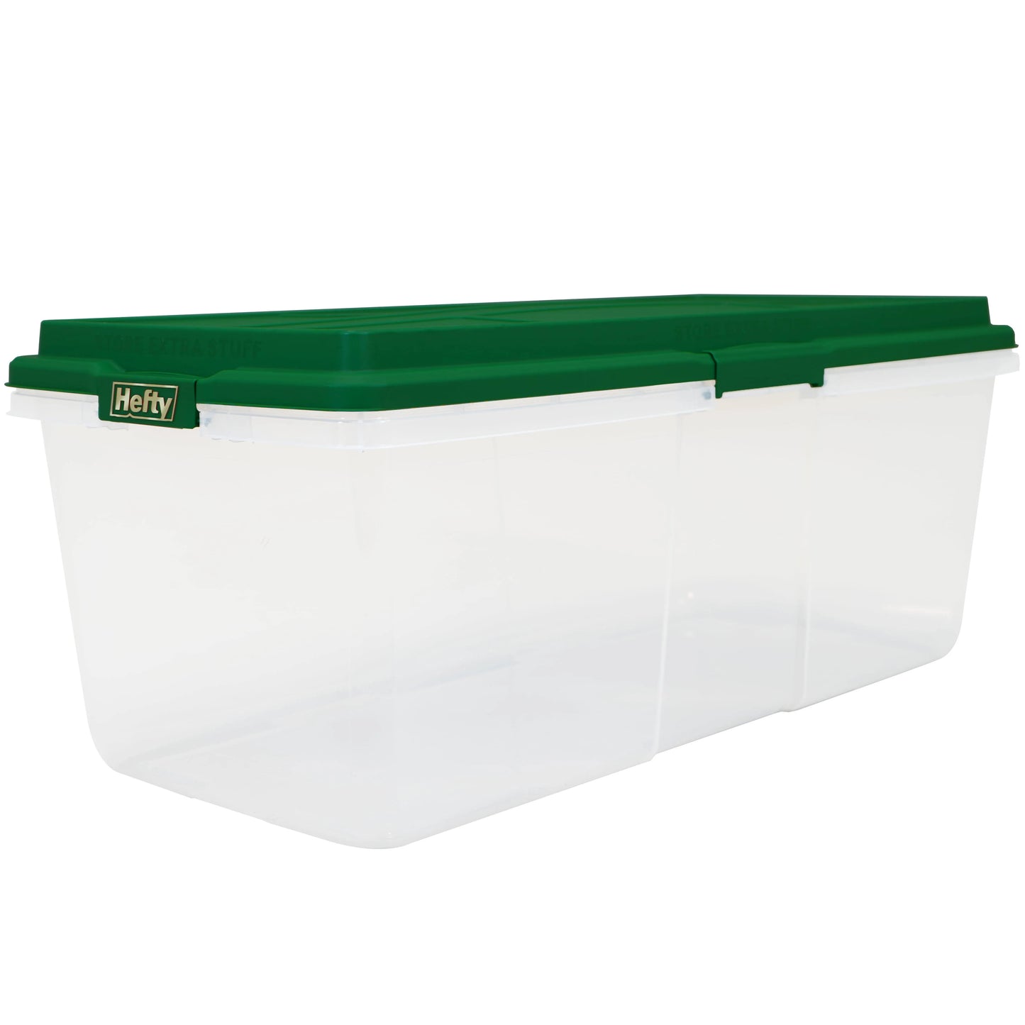 Hefty 113 qt Clear Plastic Holiday Latched Storage Bin, Green Lid