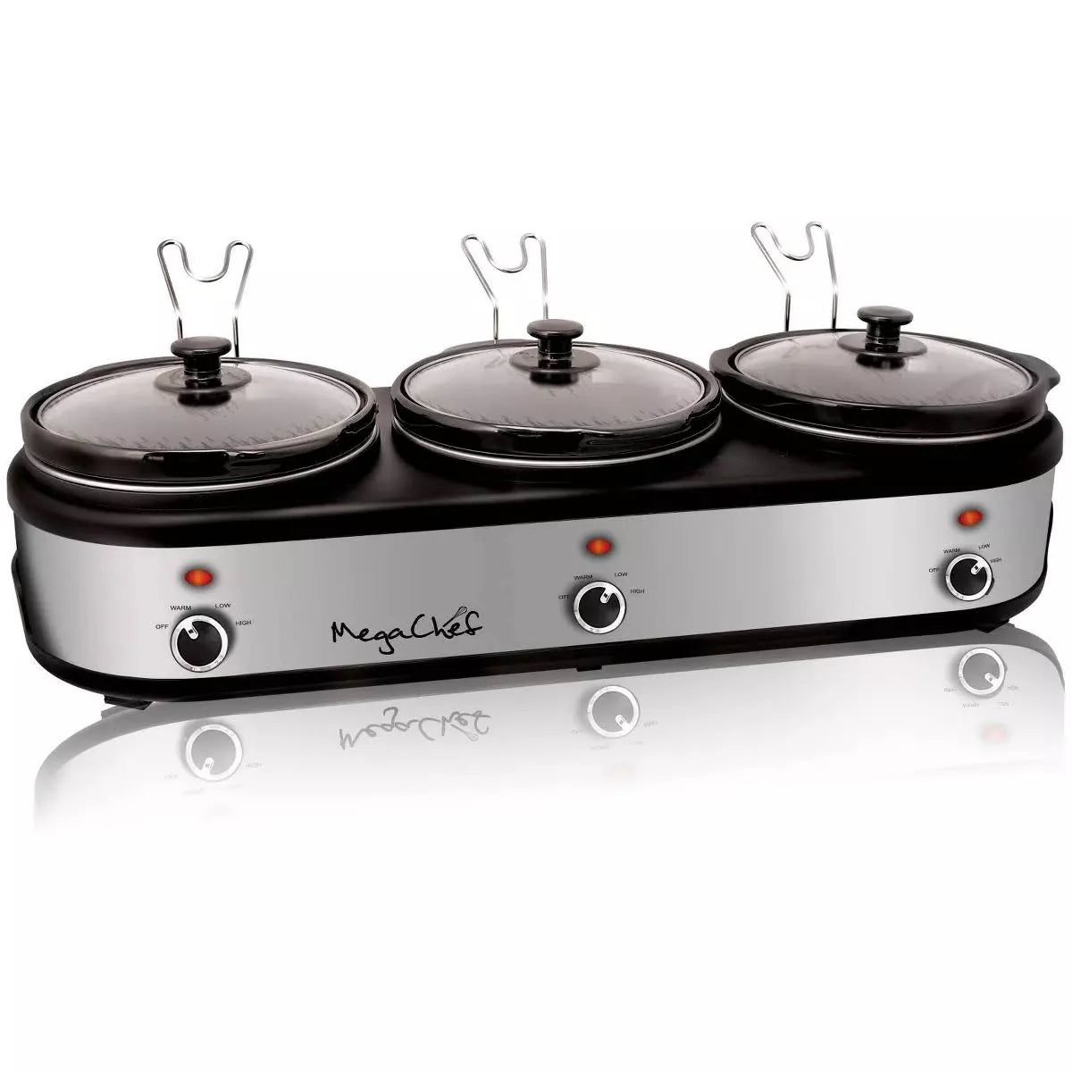 MegaChef Triple 2.5 Qt. Slow Cooker and Buffet Server, Black/Brushed Silver
